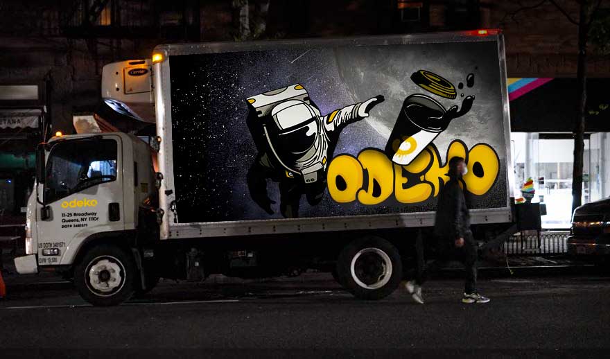 Image of an Odeko delivery truck with a yellow text and logo